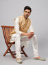 Vastramay Men's Beige Matka Silk Nehru Jacket With Cream Silk Blend Kurta Pyjama Set